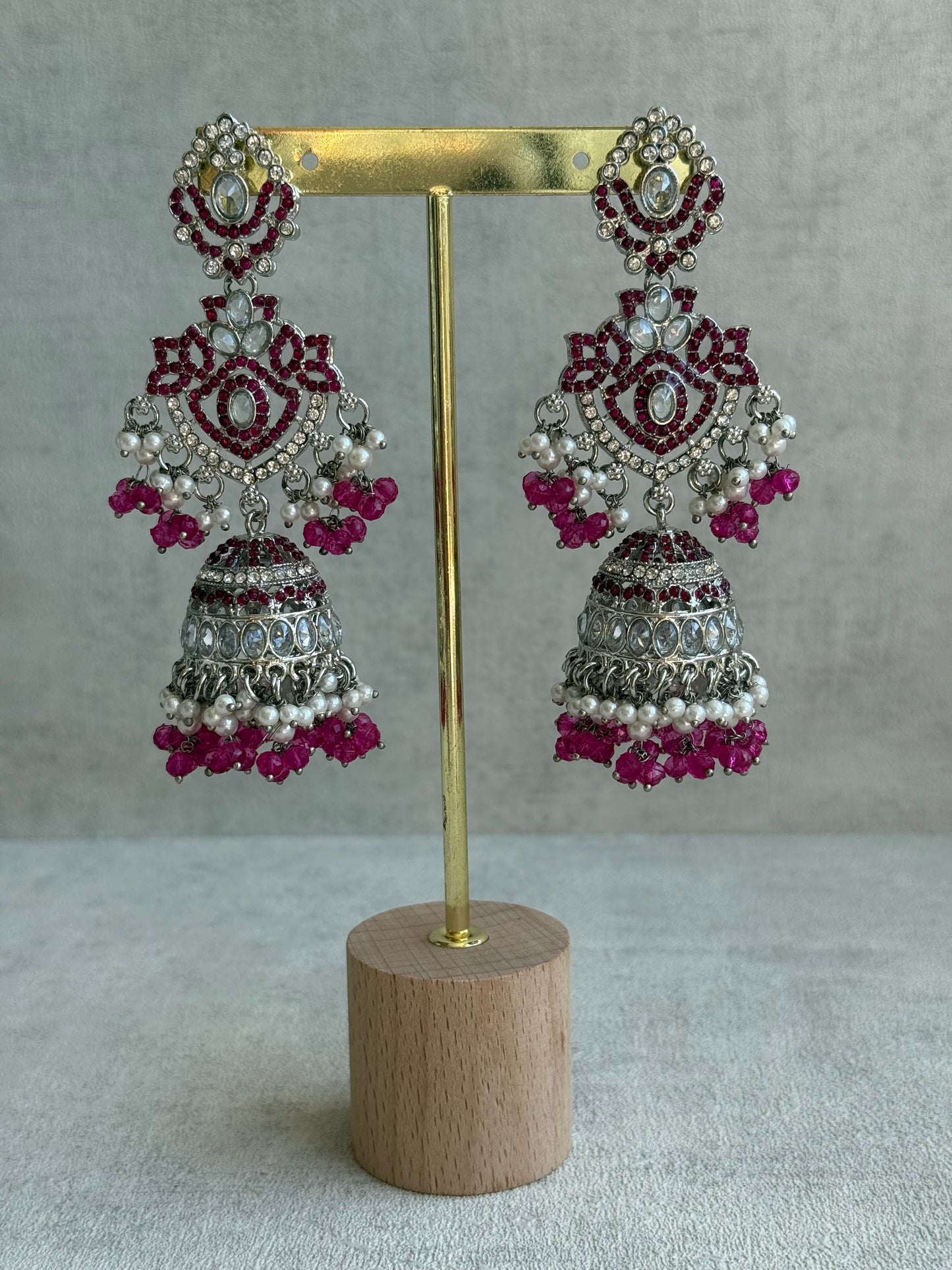 Ayura Designs Wania Set with Jhumkis, Tikka & Passa – Fuchsia Beads, Mirror-Cut Stones & Antique Silver Finish