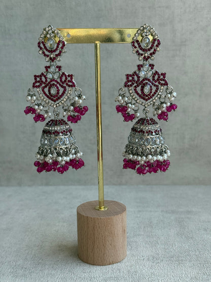 Ayura Designs Wania Set with Jhumkis, Tikka & Passa – Fuchsia Beads, Mirror-Cut Stones & Antique Silver Finish