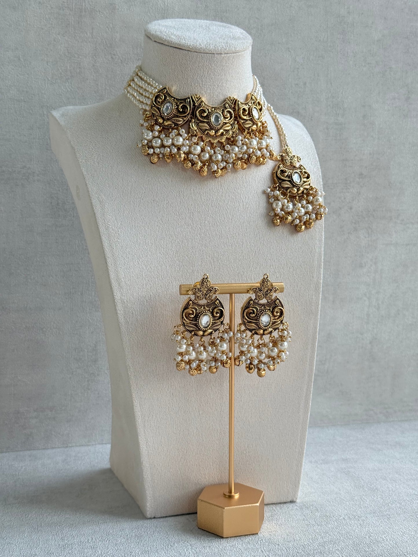 Ayura Designs Sneha Choker Set with Earrings & Tikka – Ivory Beads, Layered Pearl Detailing, Ghungroos & Antique Gold Finish