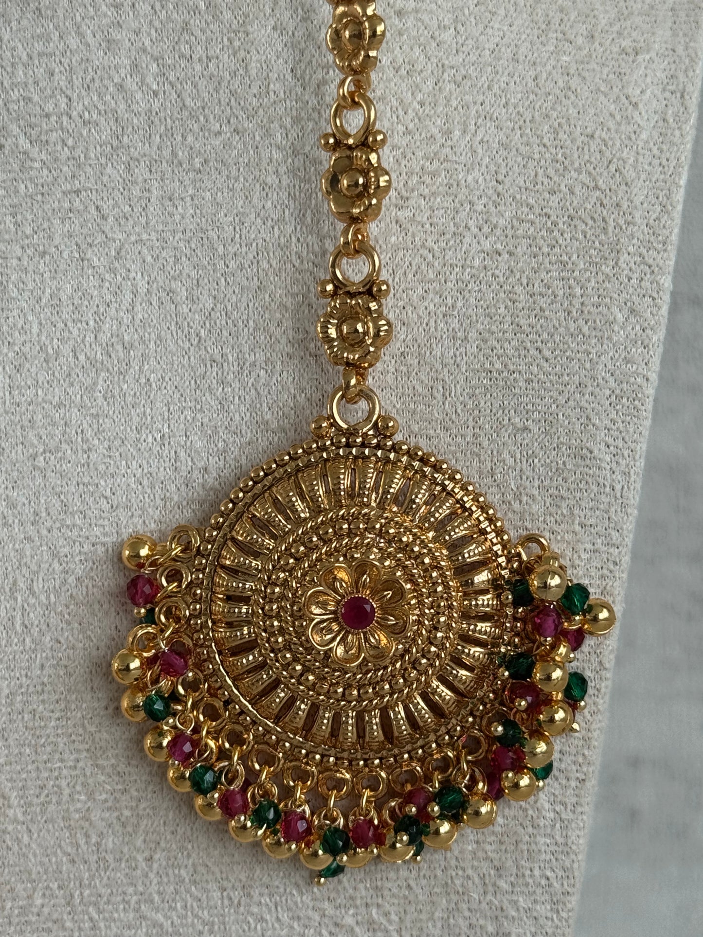 Ayura Designs Nooriya Choker Set with Jhumkis & Tikka – Antique Gold with Ruby, Emerald & Pearl Detailing