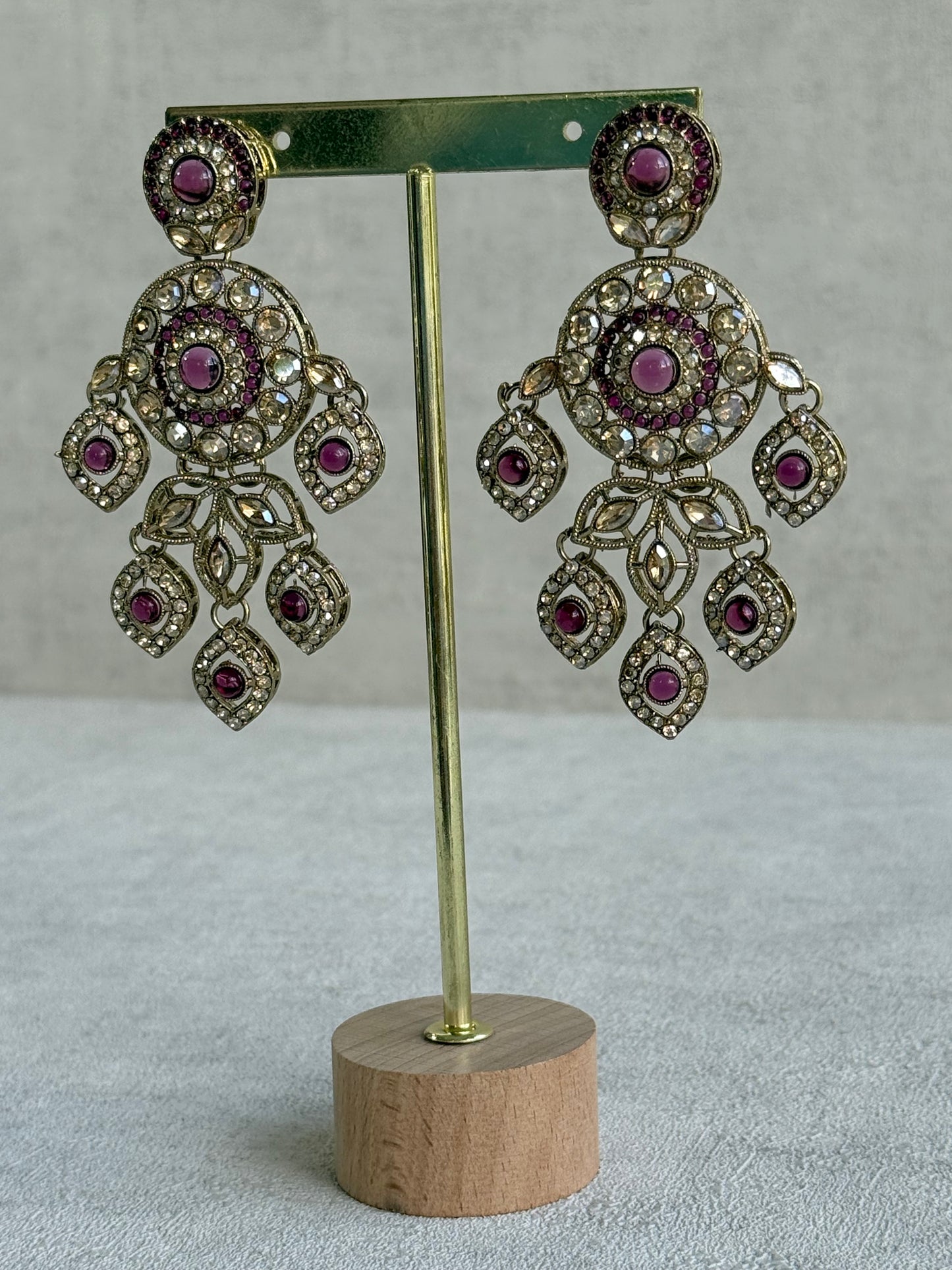 Ayura Designs Vanika Earrings – Mauve Purple & Champagne Crystal Gold Finish