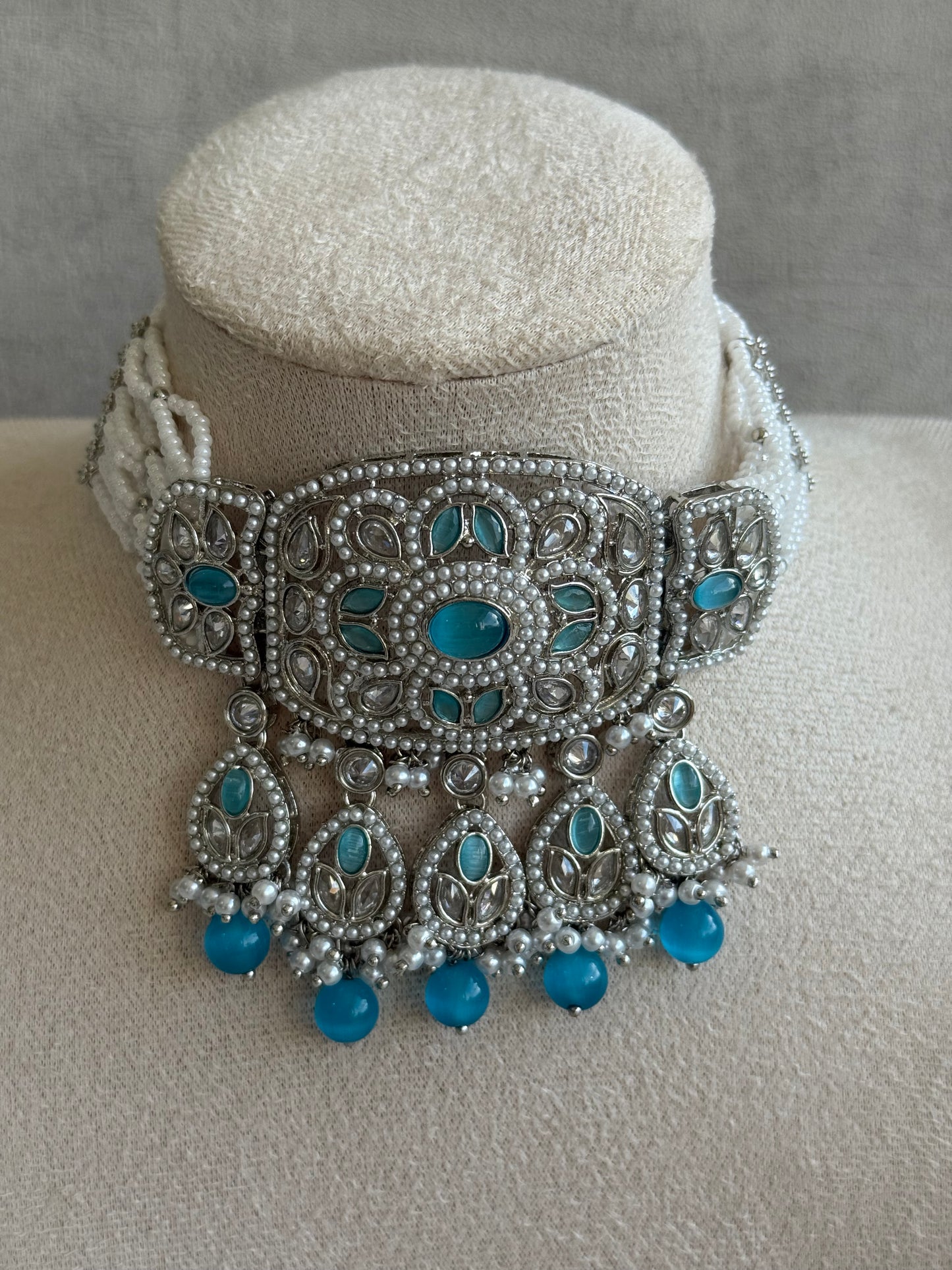 Ayura Designs Zarlish Set – Choker, Earrings & Tikka with Mirror-Cut Stones, Aqua Blue Beads & Silver Finish