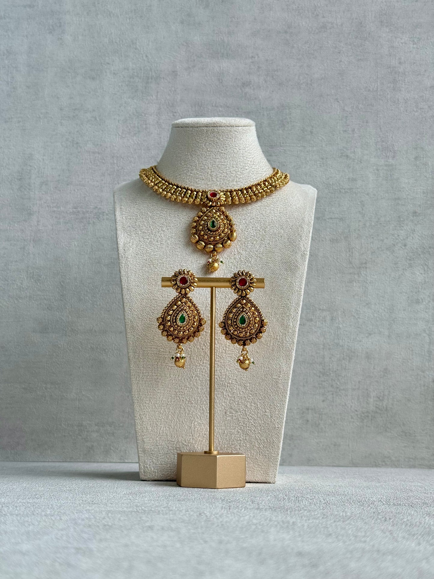 Ayura Designs Ayma Necklace Set with Earrings – Antique Gold Finish with Ruby Pink, Emerald Green & Crystal Detailing