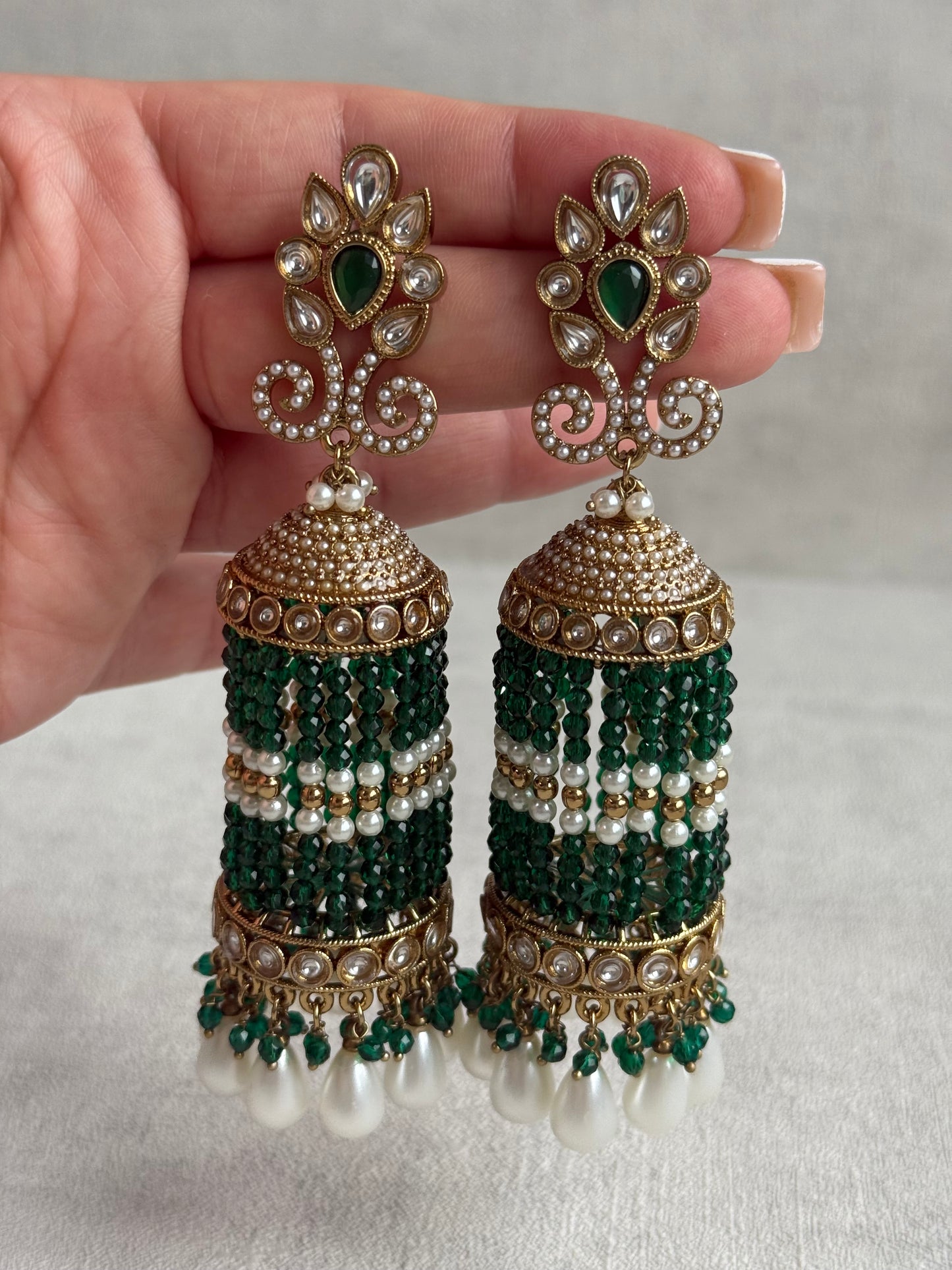 Ayura Designs Sage Earrings – Statement Jhumkis with Mirror-Cut Stones, Pearl Drops & Emerald Green Beads