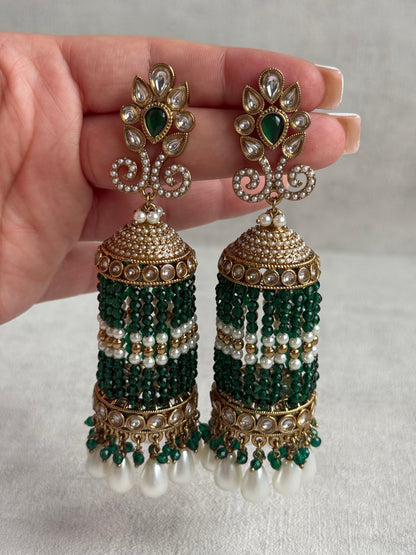Ayura Designs Sage Earrings – Statement Jhumkis with Mirror-Cut Stones, Pearl Drops & Emerald Green Beads