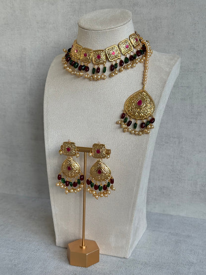 Ayura Designs Chetna Choker Set with Earrings & Tikka – Maroon & Emerald Green Beads, Cream Pearl Drops with Pipal Patti Detailing
