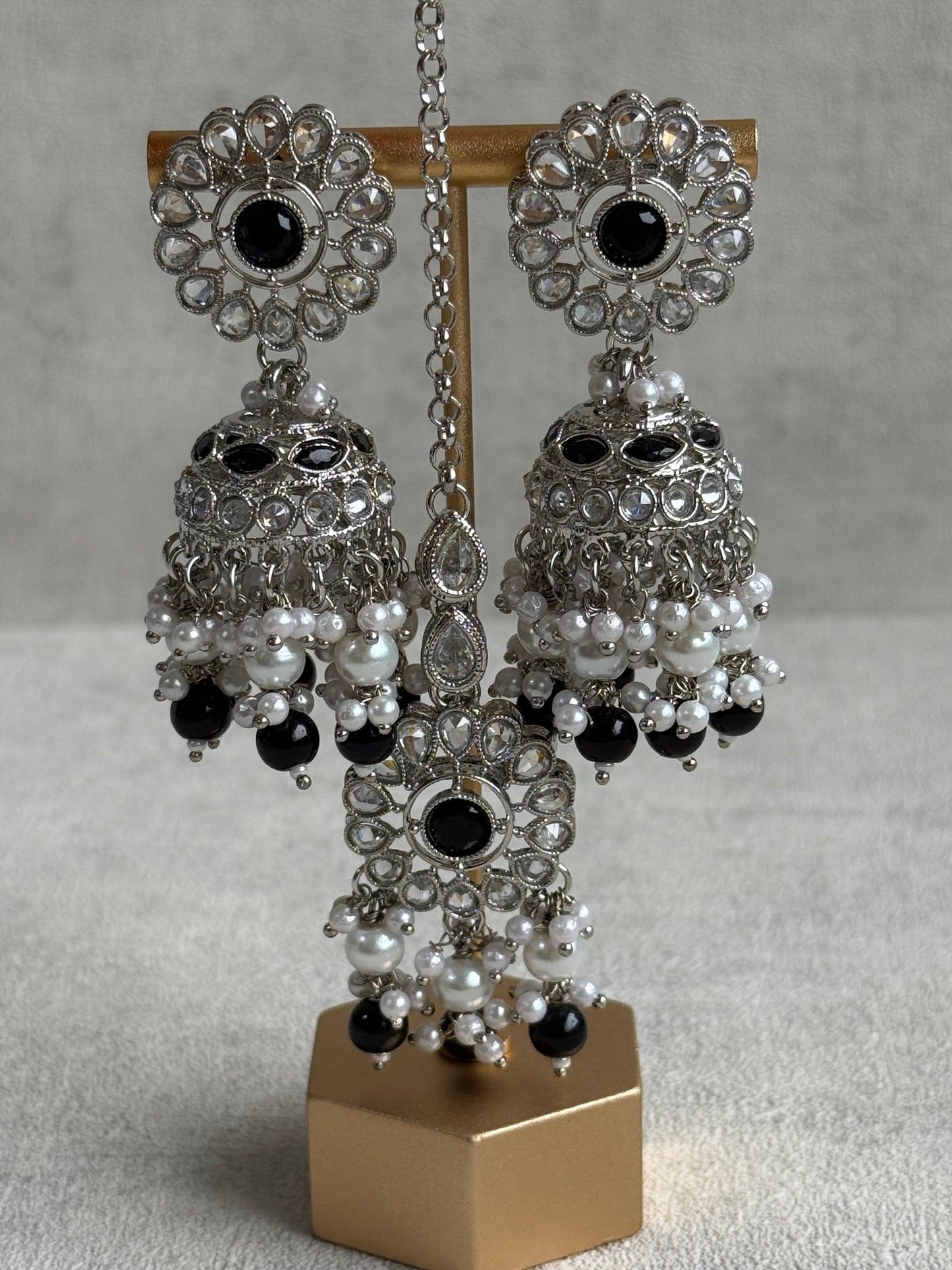 Ayura Designs Barira Set – Necklace, Jhumkis & Tikka with Black Stones, Pearls & Antique Silver Finish