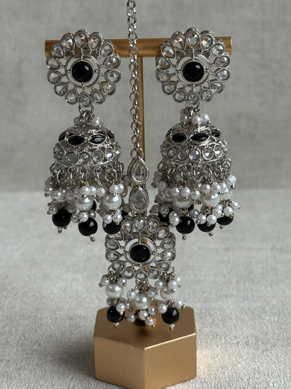 Ayura Designs Barira Set – Necklace, Jhumkis & Tikka with Black Stones, Pearls & Antique Silver Finish