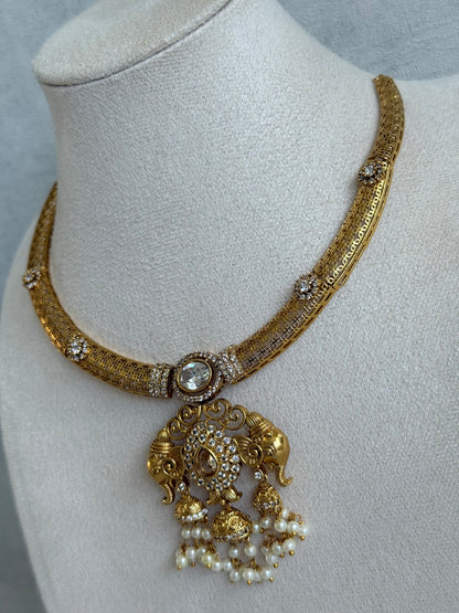 Ayura Designs Wadha Collar Necklace Set with Earrings – Gold Elephant Pendant & White Crystal Detailing