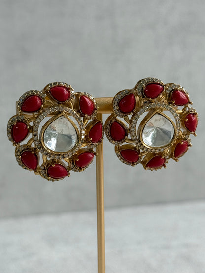 Ayura Designs Giana Stud Earrings – Ruby Red & Crystal Kundan with Gold Finish