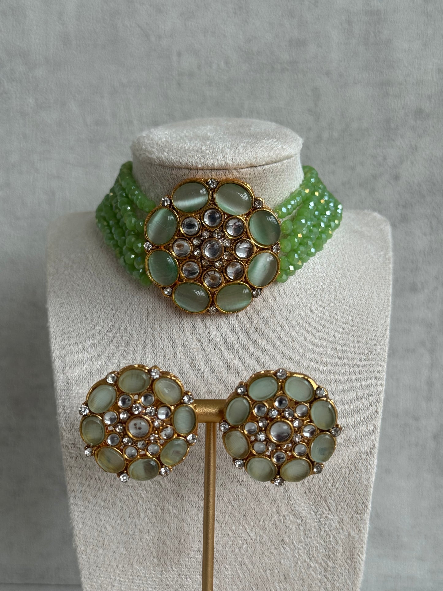 Ayura Designs Yasmin Kundan Choker Set with Studs – Slate Grey Beads & Mirror-Cut Stones