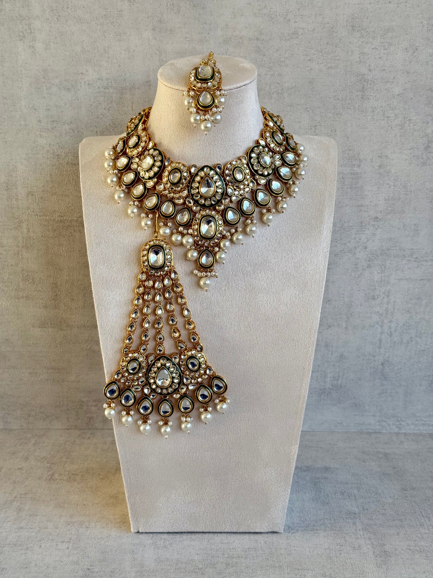 Ayura Designs Jashan Set with Necklace, Earrings, Tikka & Passa – Kundan Detailing, Ivory Pearl Drops
