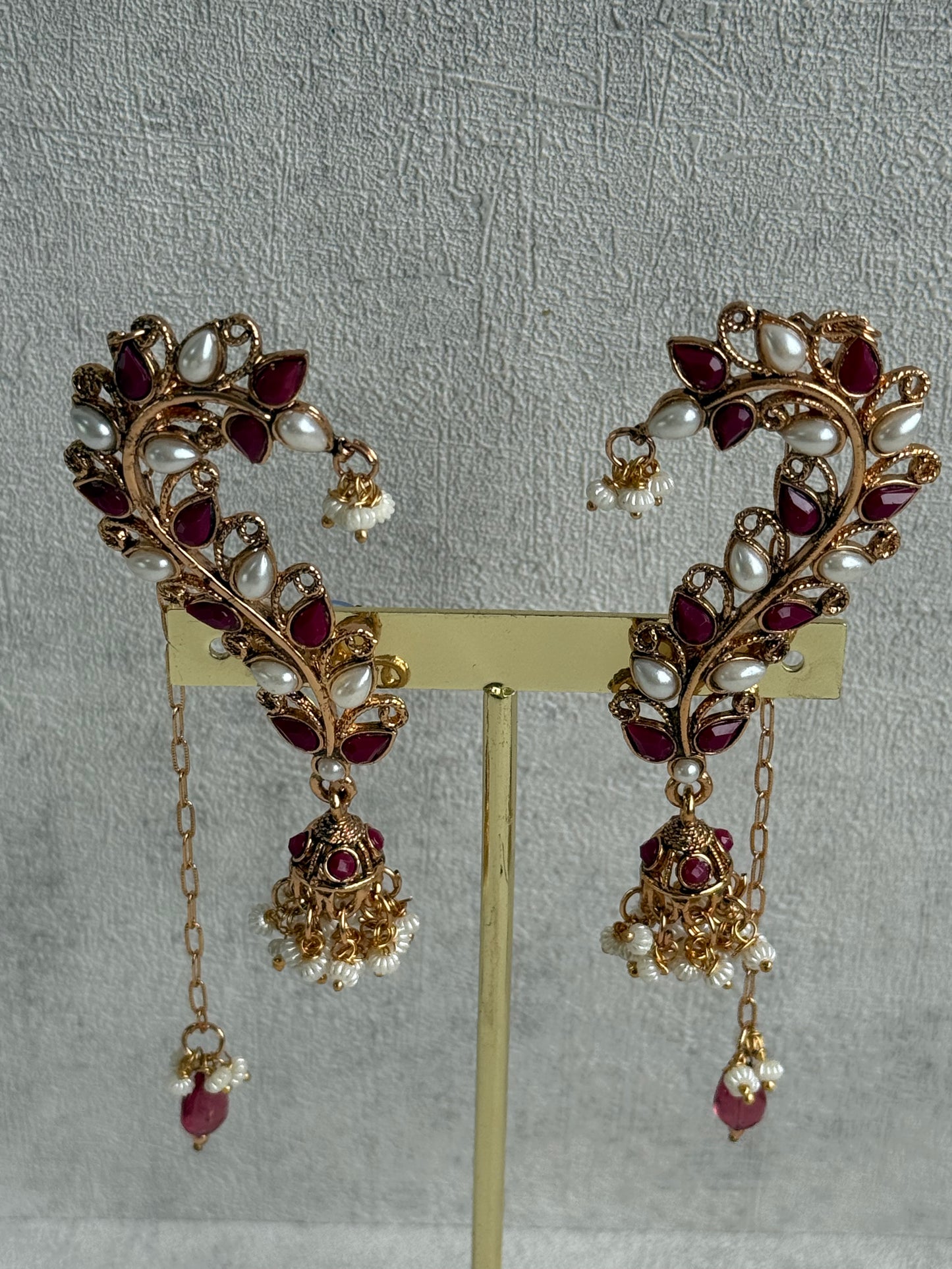 Ayura Designs Mastani Earrings – Gold Ear Climbers with Ruby Stones, Pearls & Jhumki Drops