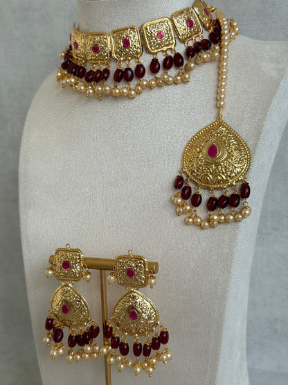 Ayura Designs Chetna Choker Set with Earrings & Tikka – Maroon Beads, Cream Pearl Drops with Pipal Patti Detailing