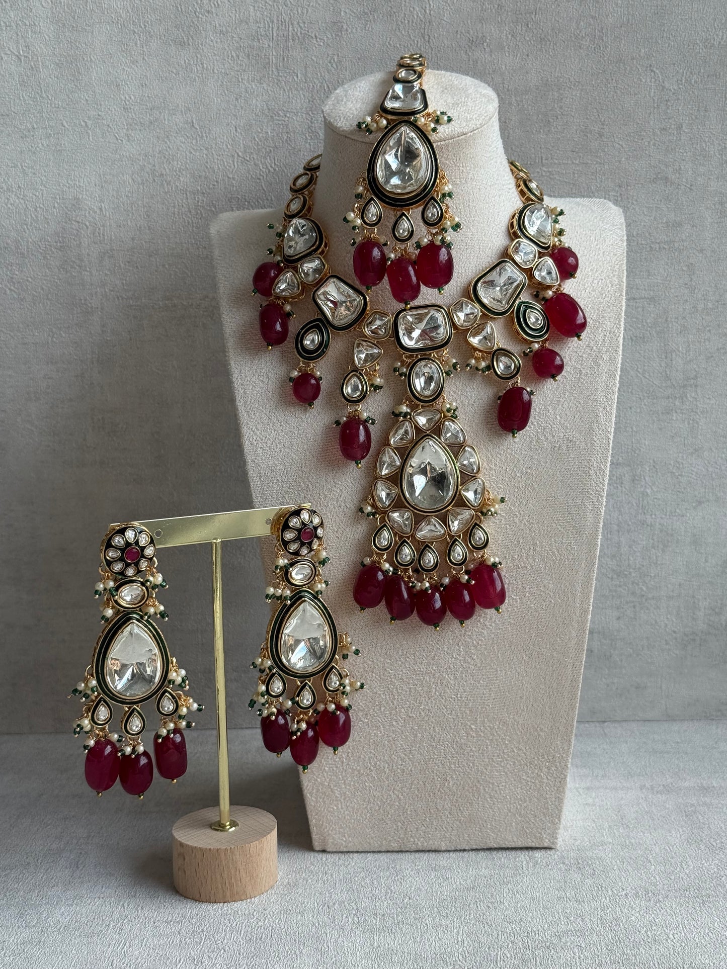 Ayura Designs Serhat Set – Necklace, Earrings & Tikka with Ruby Red Beads, Green Meenakari, Mirror-Cut Polki Stones & Gold Finish