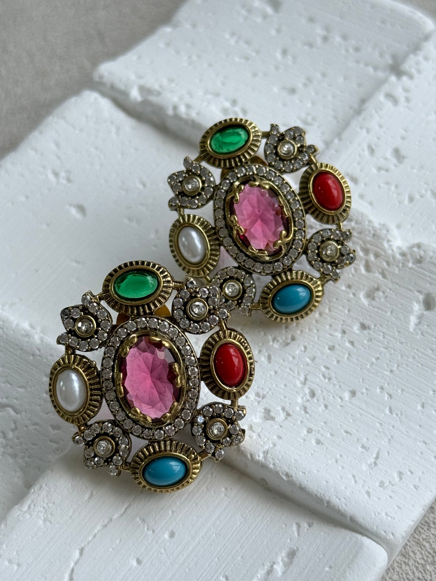 Ayura Designs Celia Stud Earrings – Rani Pink & Multicolour Stones with Gold Finish