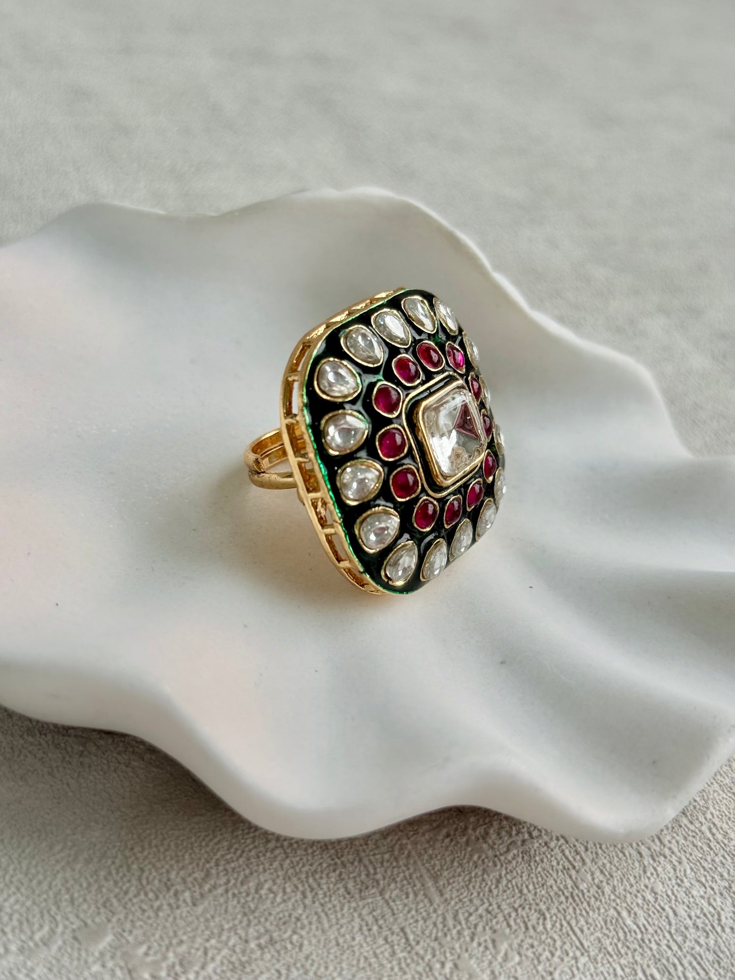 Ayura Designs Arzoo Adjustable Ring – Mirror-Cut Stone Centre with Ruby Pink Stones, Green Enamel & Crystal Detailing