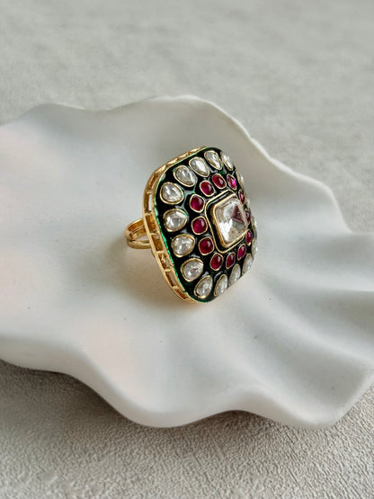 Ayura Designs Arzoo Adjustable Ring – Mirror-Cut Stone Centre with Ruby Pink Stones, Green Enamel & Crystal Detailing