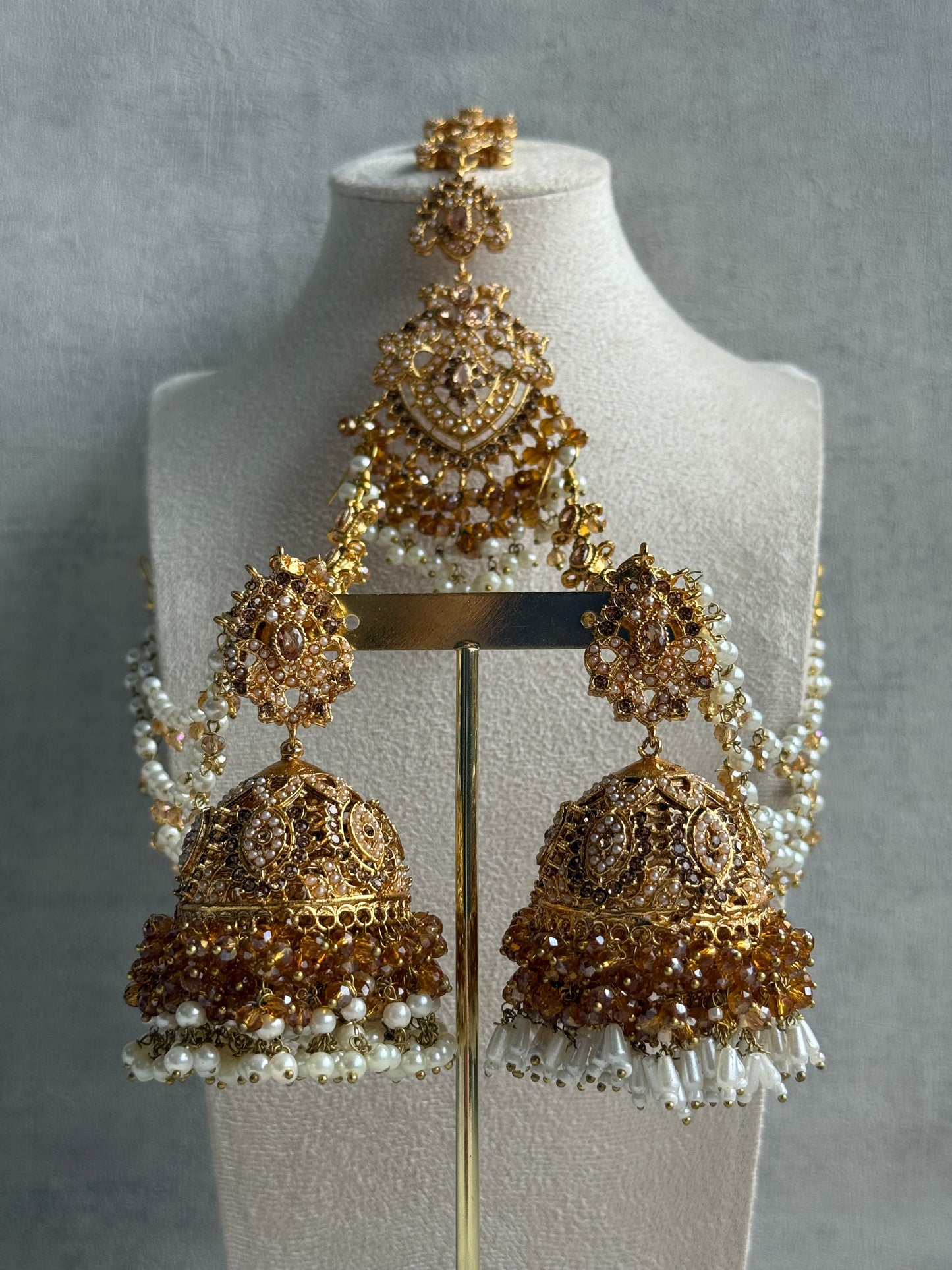 Ayura Designs Safia Tikka Set with Sahare Earrings – Champagne Gold Beads & Pearls