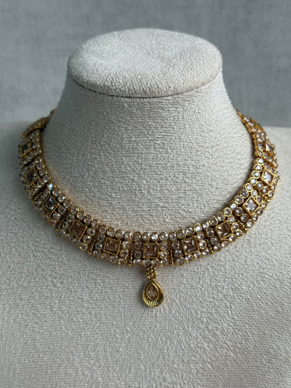 Ayura Designs Yashna Set – Necklace & Earrings with Champagne Kundan and Pearl Detailing in Antique Gold Finish