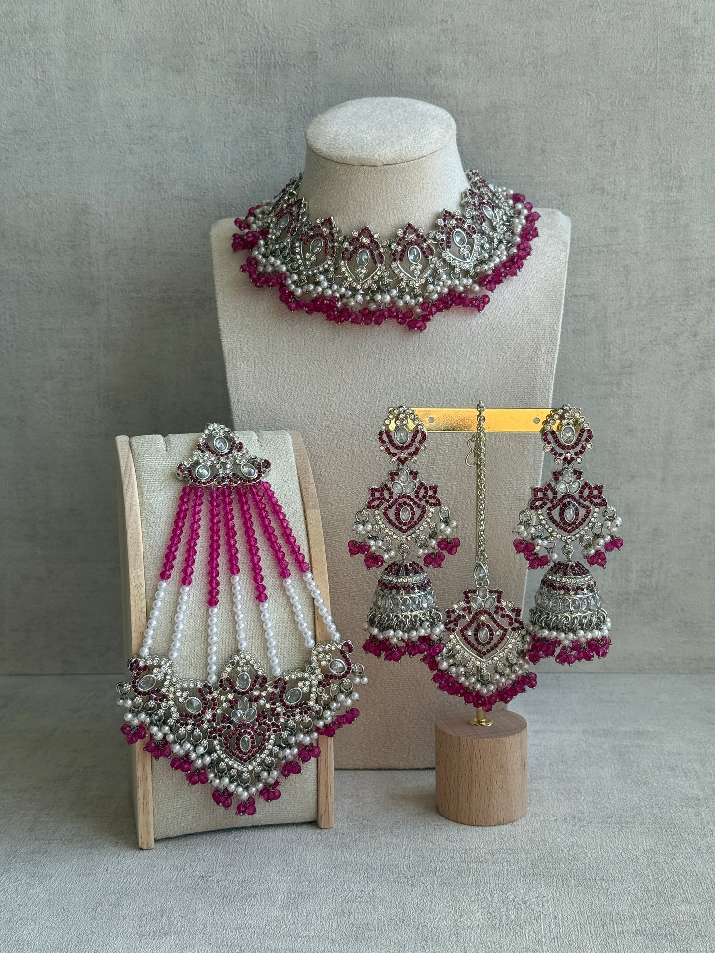 Ayura Designs Wania Set with Jhumkis, Tikka & Passa – Fuchsia Beads, Mirror-Cut Stones & Antique Silver Finish