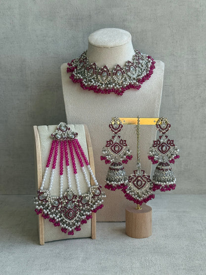 Ayura Designs Wania Set with Jhumkis, Tikka & Passa – Fuchsia Beads, Mirror-Cut Stones & Antique Silver Finish