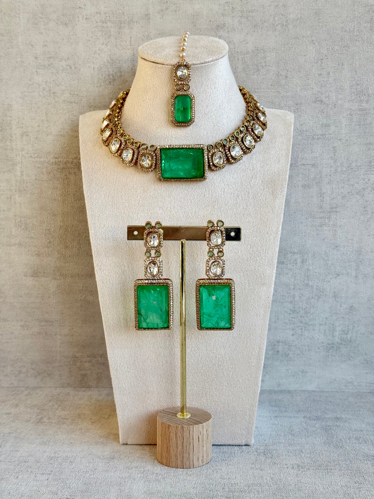 Ayura Designs Clara Set with Earrings & Tikka — Jade Green Moissanite Stones and Antique Gold Finish