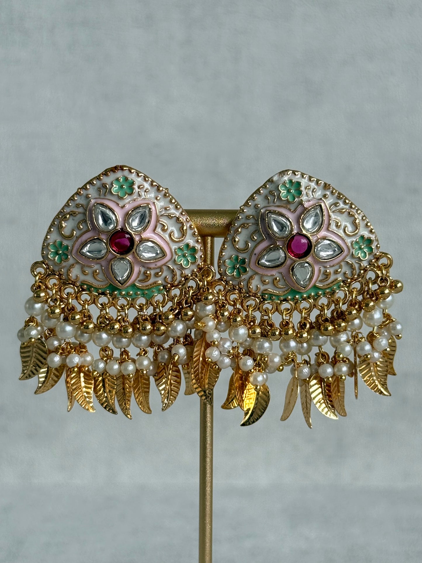 Ayura Designs Rozina Earrings – Floral Meenakari Earrings with Ruby Pink Centre Stone, Pearl Clusters & Gold Leaf Charms