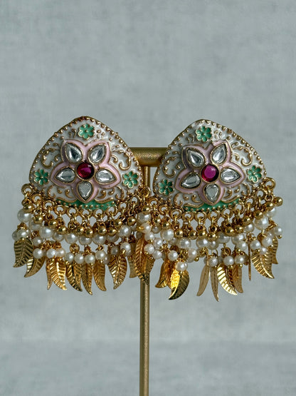 Ayura Designs Rozina Earrings – Floral Meenakari Earrings with Ruby Pink Centre Stone, Pearl Clusters & Gold Leaf Charms