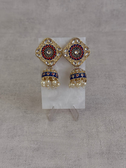 Ayura Designs Rangoli Jhumkis – Midnight Blue & Ruby Red Meenakari with Pearl Drops in Antique Gold Finish