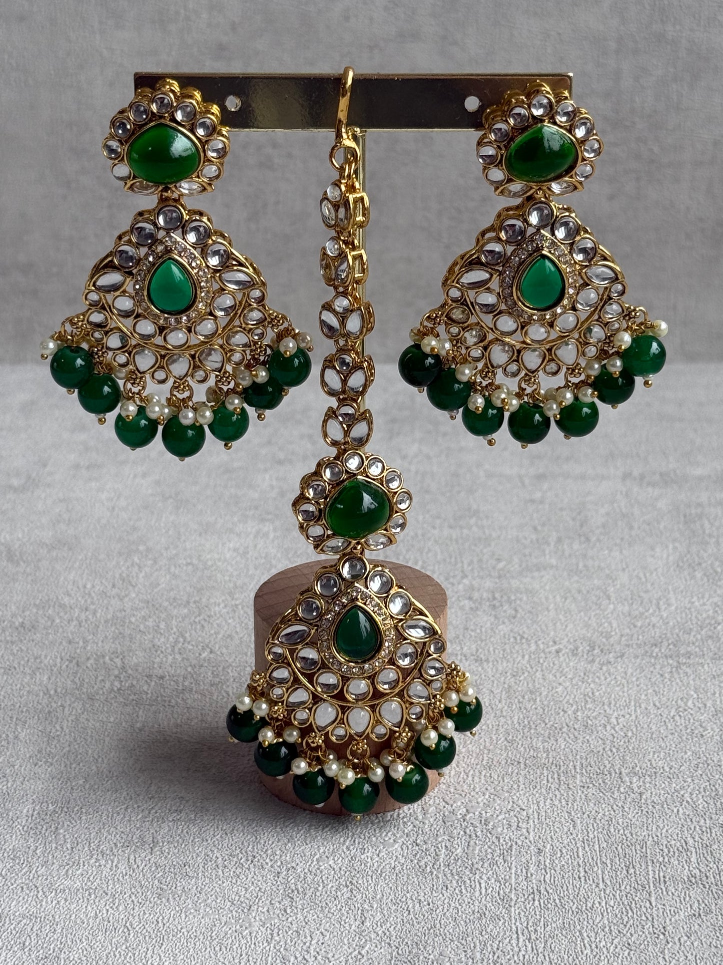 Ayura Designs Javeria Set with Earrings & Tikka – Emerald Green Stones, Mirror Kundan & Gold Finish