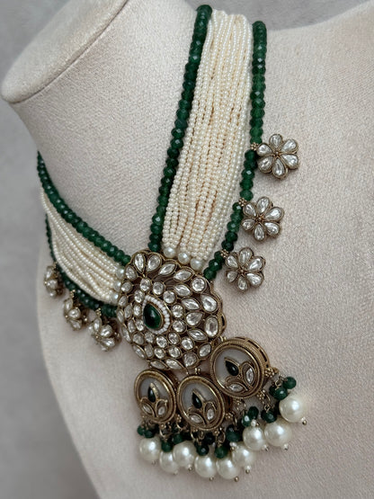 Ayura Designs Callie Set with Earrings – Emerald Green, Ivory Pearl & Jadau Detailing