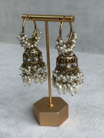 Ayura Designs Jugni Jhumkis – Antique Gold Balis with Pearl Clusters & Kundan Detailing