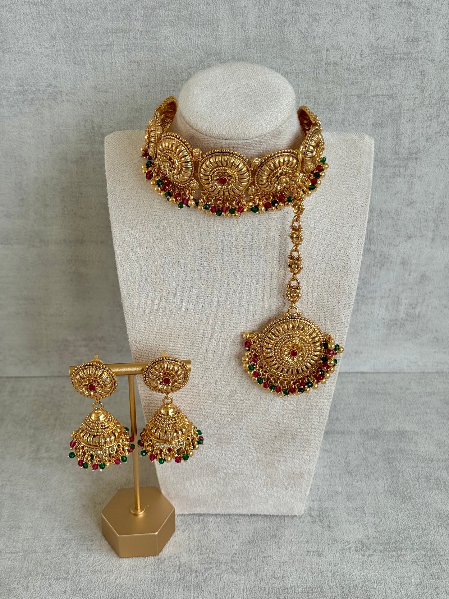 Ayura Designs Nooriya Choker Set with Jhumkis & Tikka – Antique Gold with Ruby, Emerald & Pearl Detailing