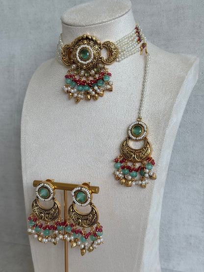 Ayura Designs Mehr Choker Set with Earrings & Tikka – Mint Green Stones, Ruby Pink Beads, Pearl Strands & Antique Gold Finish