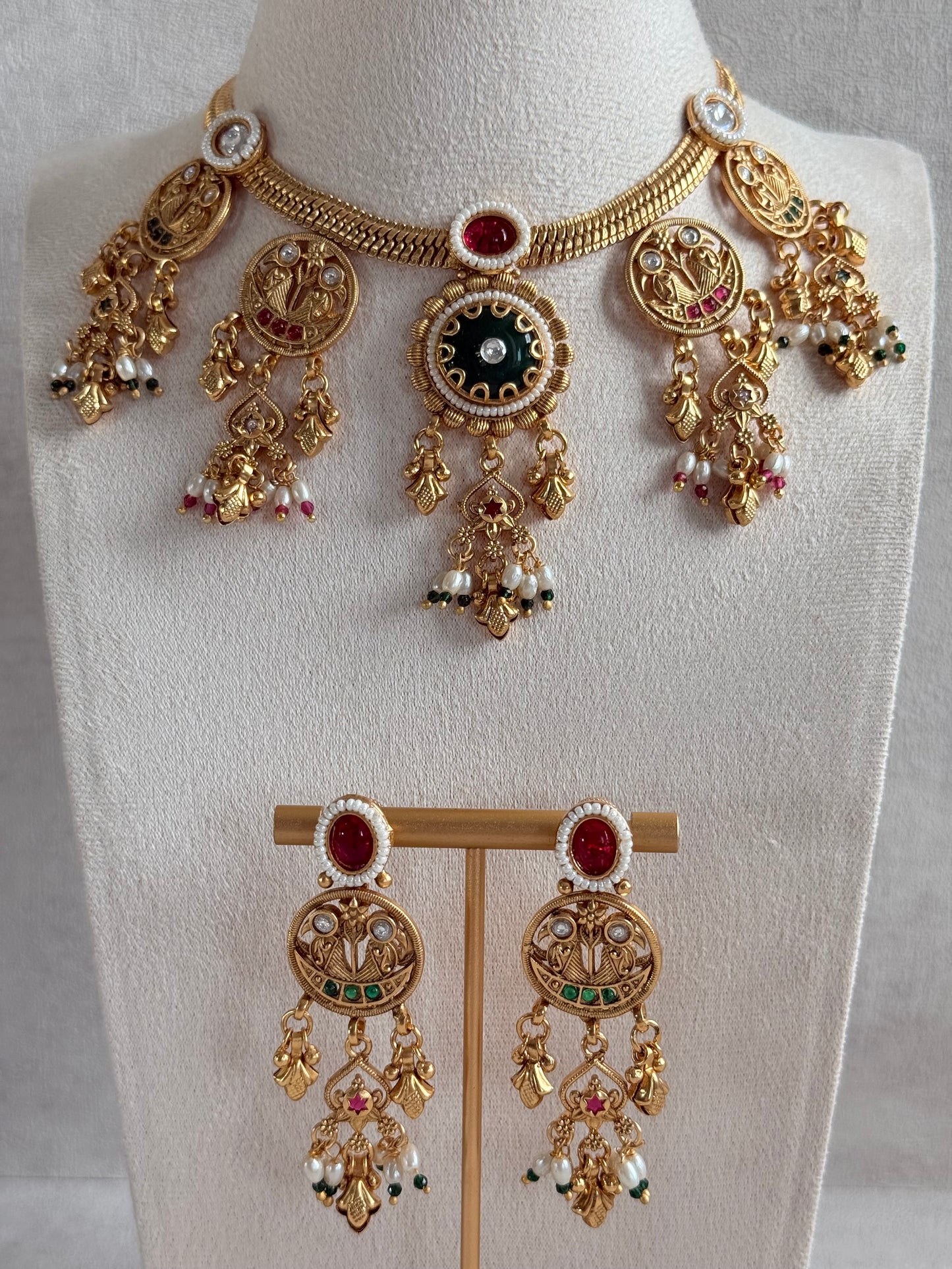 Ayura Designs Parchhai Necklace Set with Earrings – Ruby Red, Rose Pink & Emerald Green Stones, Bird Motifs & Pearl Detailing