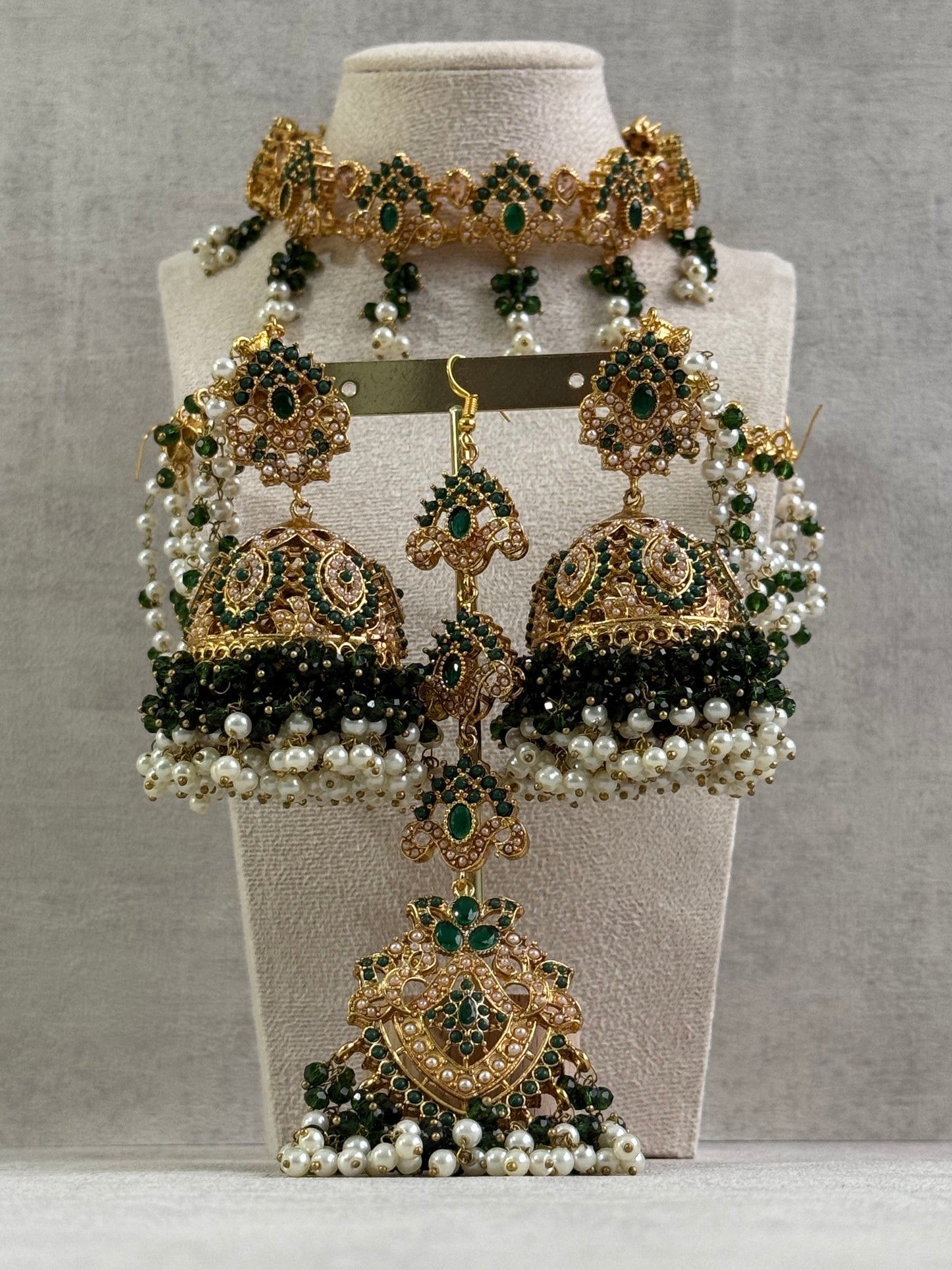 Ayura Designs Noor Set – Choker, Jhumkis with Sahare & Tikka in Emerald Green with Pearl Detailing