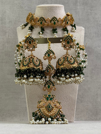 Ayura Designs Noor Set – Choker, Jhumkis with Sahare & Tikka in Emerald Green with Pearl Detailing
