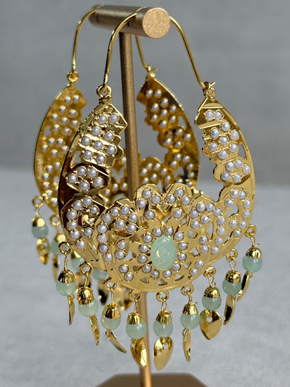 Ayura Designs Nimrat Balis – Mint Green & Ivory Pearls with Pippal Patti & Gold Finish