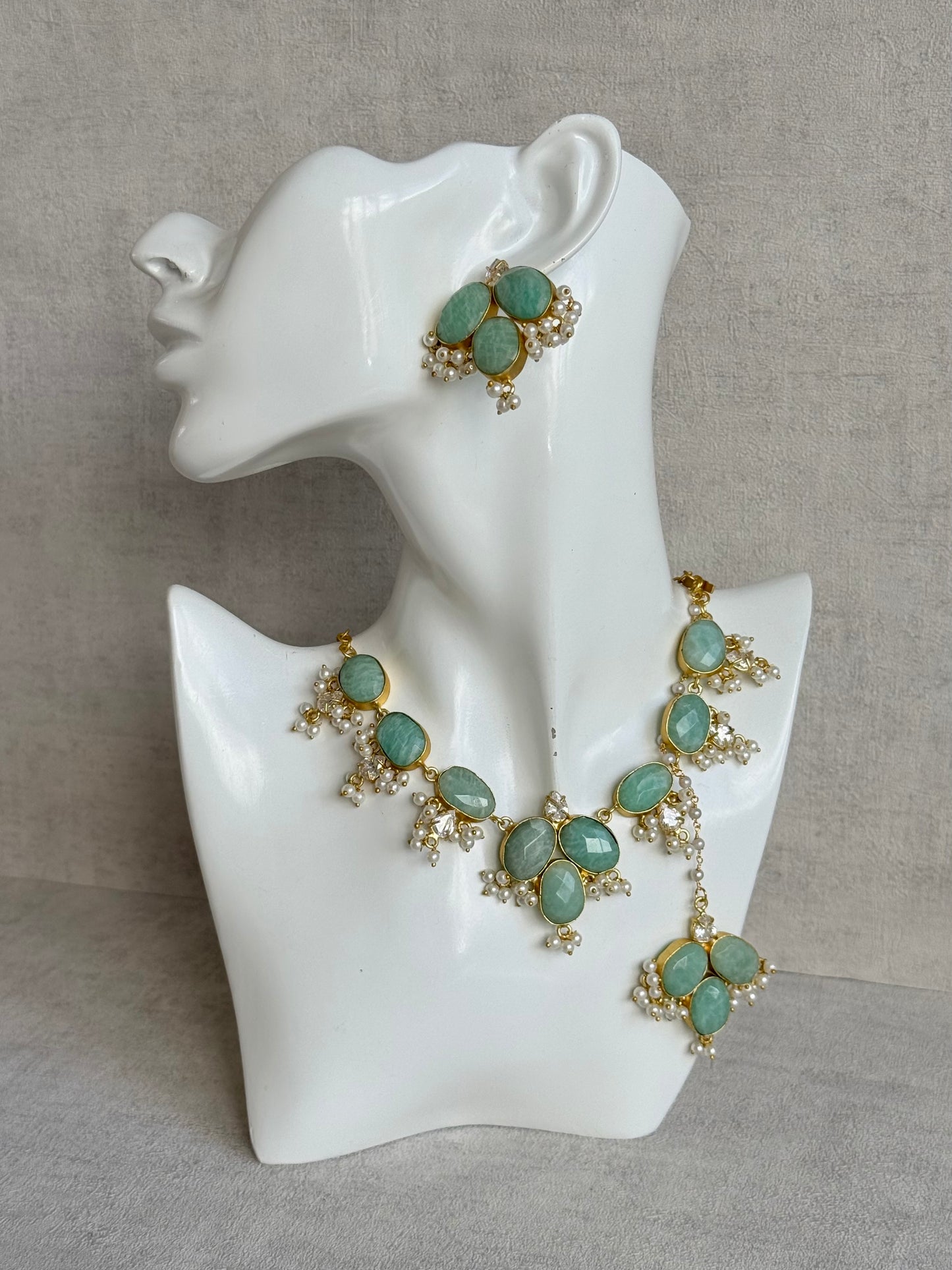 Ayura Designs Anahita Set with Tikka & Earrings – Amazonite, Crystals & Pearls