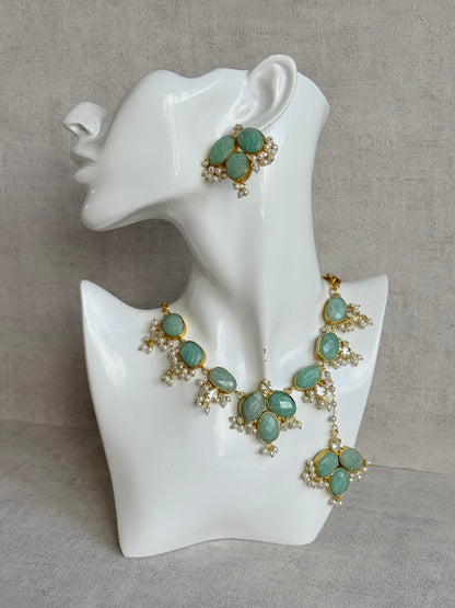 Ayura Designs Anahita Set with Tikka & Earrings – Amazonite, Crystals & Pearls