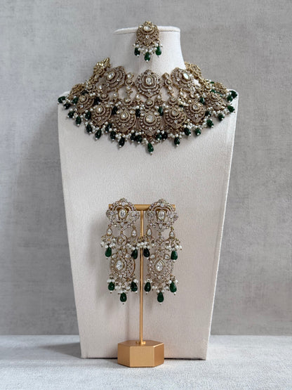 Ayura Designs Fazal Set with Necklace, Earrings & Tikka – Emerald Green Drops, Pearl Detailing & Moissanite Stonework