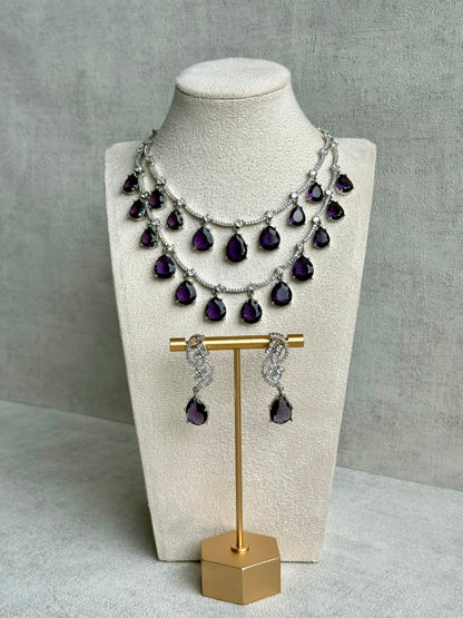 Ayura Designs Nida Set with Necklace & Earrings – Amethyst Purple Stones, Diamond-Cut Detailing & Silver Finish