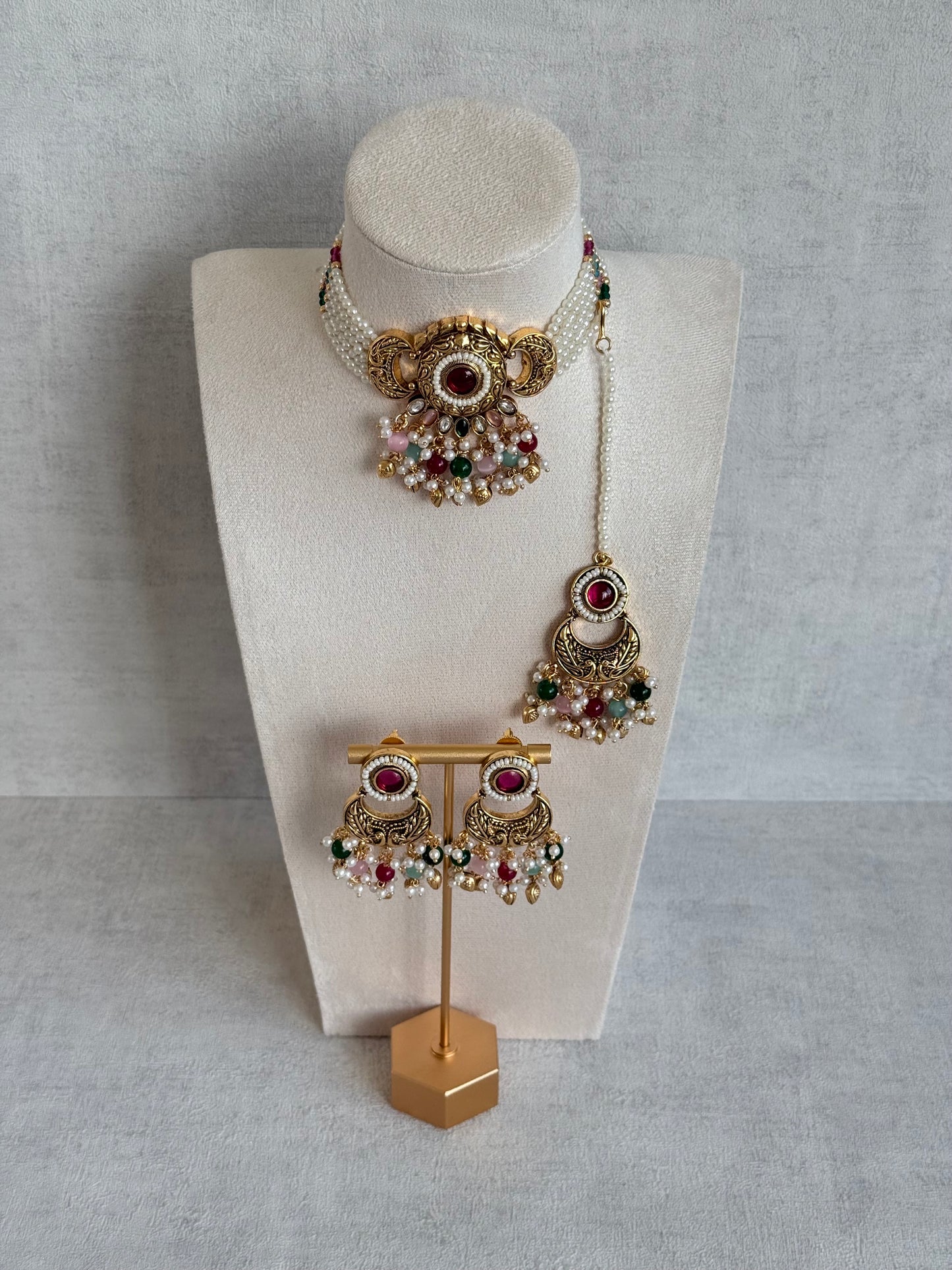 Ayura Designs Mehr Choker Set with Earrings & Tikka – Multicolour Beads, Ruby Pink Centre Stones, Pearl Strands & Antique Gold Finish