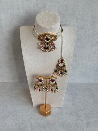 Ayura Designs Mehr Choker Set with Earrings & Tikka – Multicolour Beads, Ruby Pink Centre Stones, Pearl Strands & Antique Gold Finish