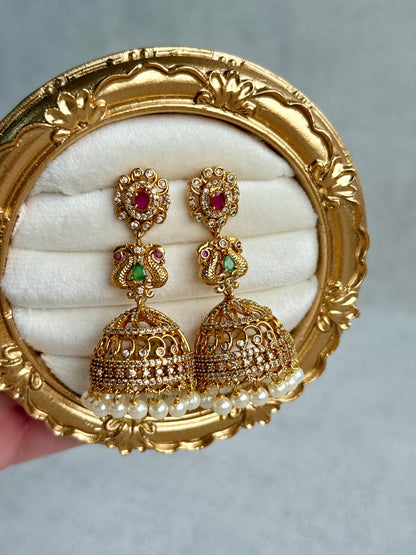 Ayura Designs Darya Jhumkis – Gold Peacock Motif Jhumkis with Ruby Pink, Emerald Green and Pearl Detailing