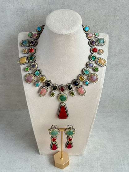 Ayura Designs Ophelia Set with Necklace & Earrings – Navratan Stone Detailing with Antique Silver Finish