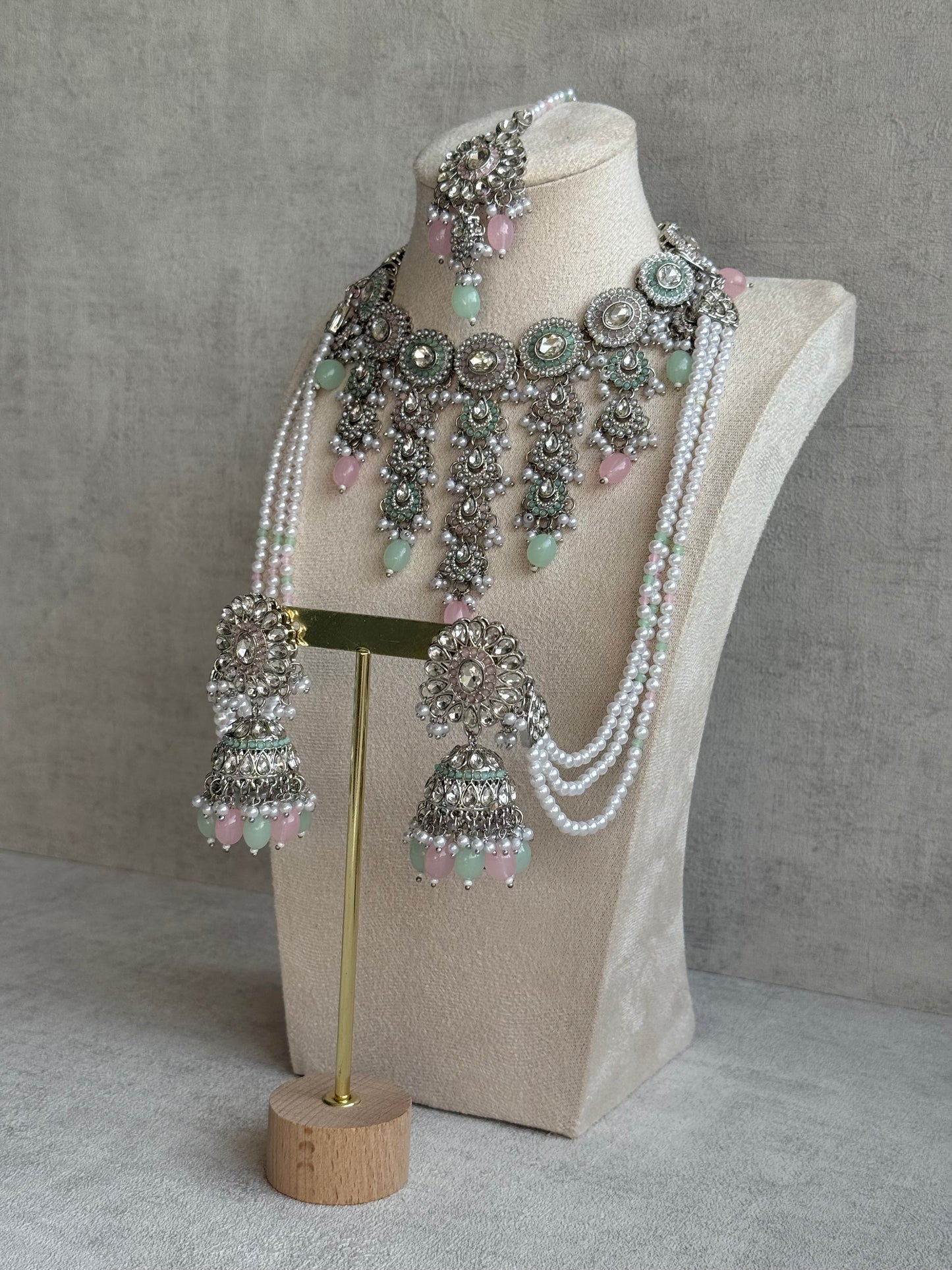 Ayura Designs Nawal Set – Necklace, Jhumkis, Tikka & Detachable Sahare with Mint & Blush Beads, Pearls & Antique Silver Finish