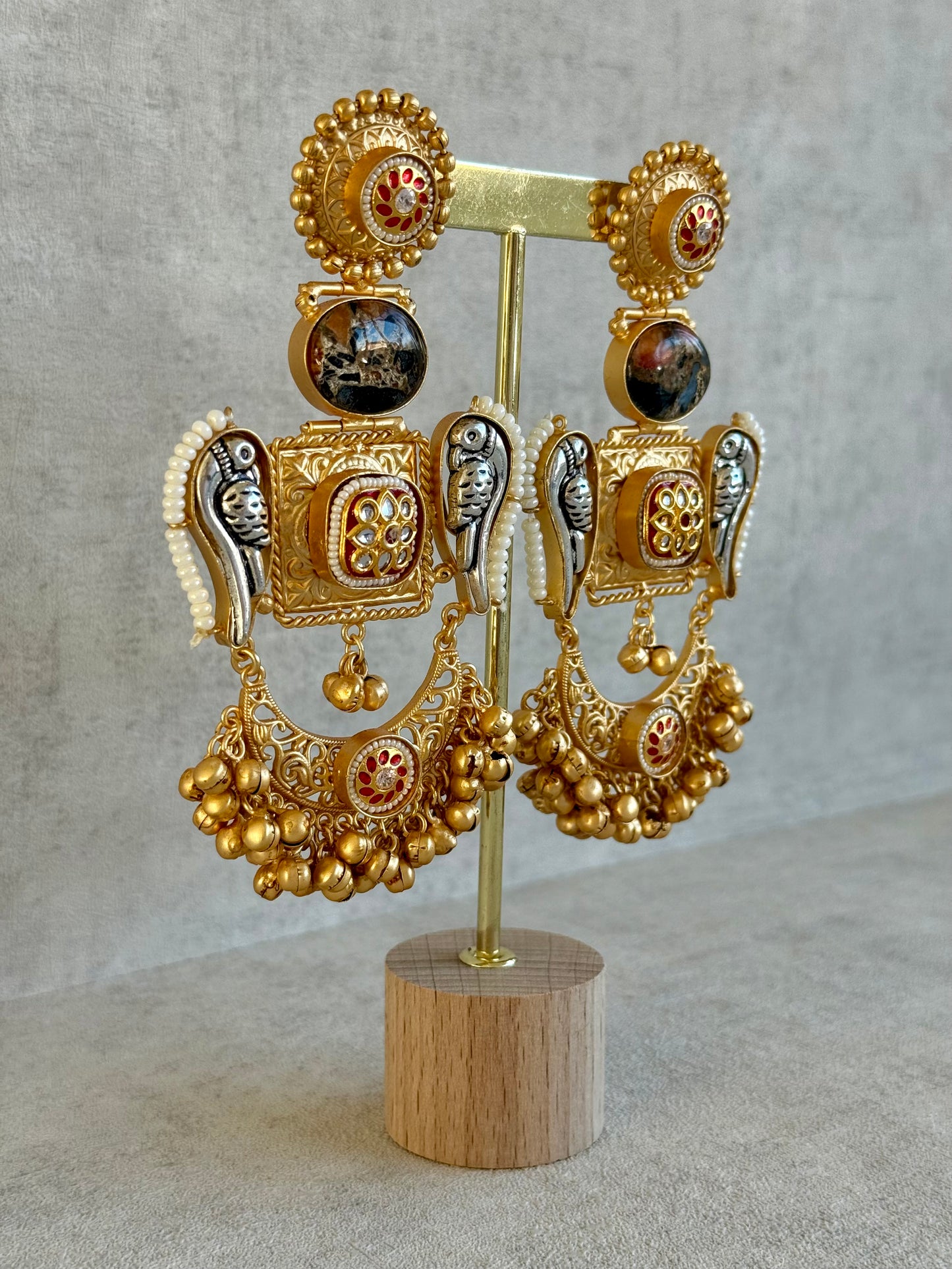 Ayura Designs Soha Earrings – Antique Gold with Smoky Amber Stone & Oxidised Parrots