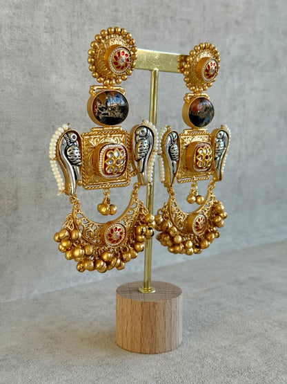 Ayura Designs Soha Earrings – Antique Gold with Smoky Amber Stone & Oxidised Parrots